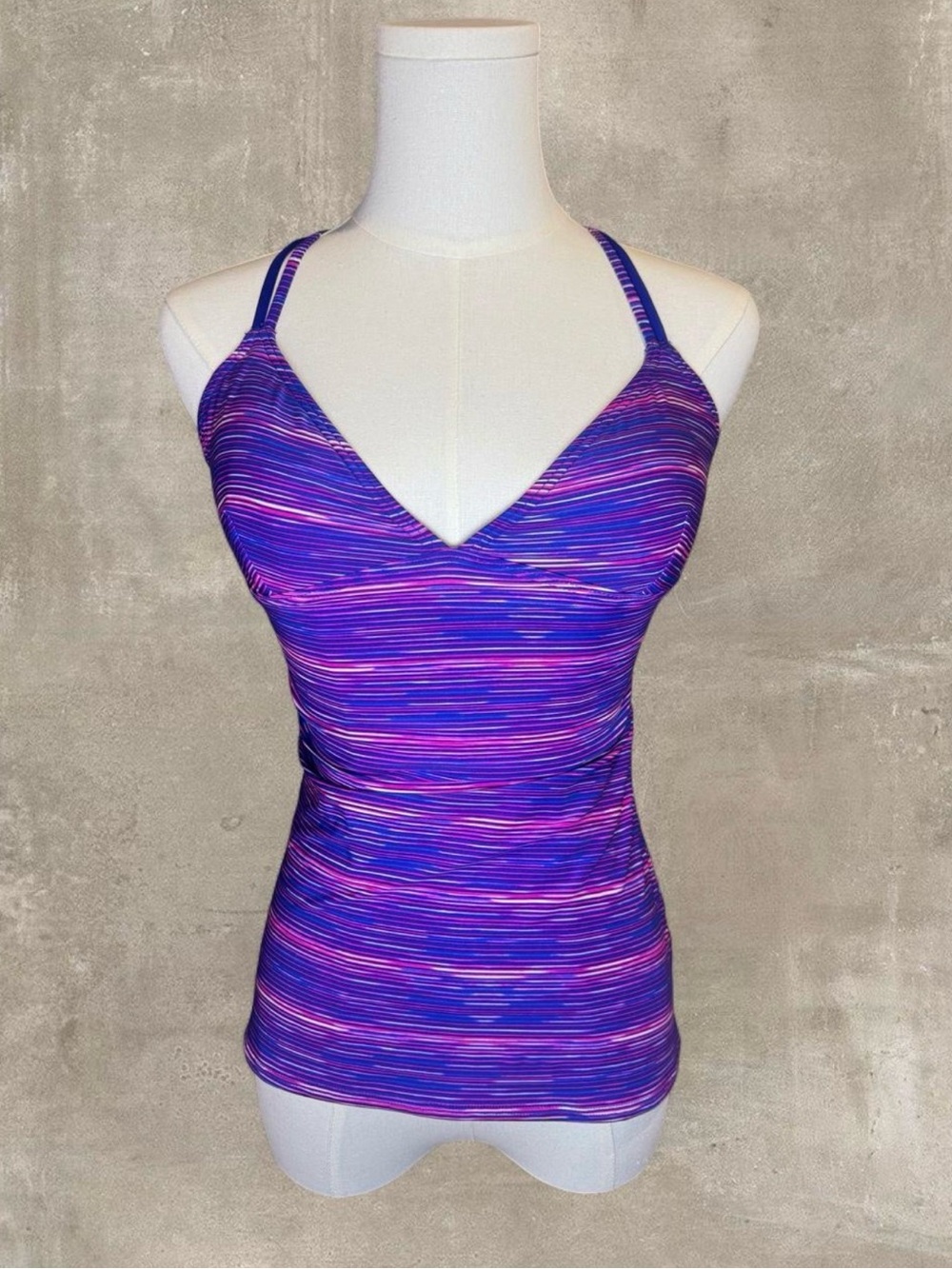 Y2K TYR purple/pink striped tank top or swim top in a S